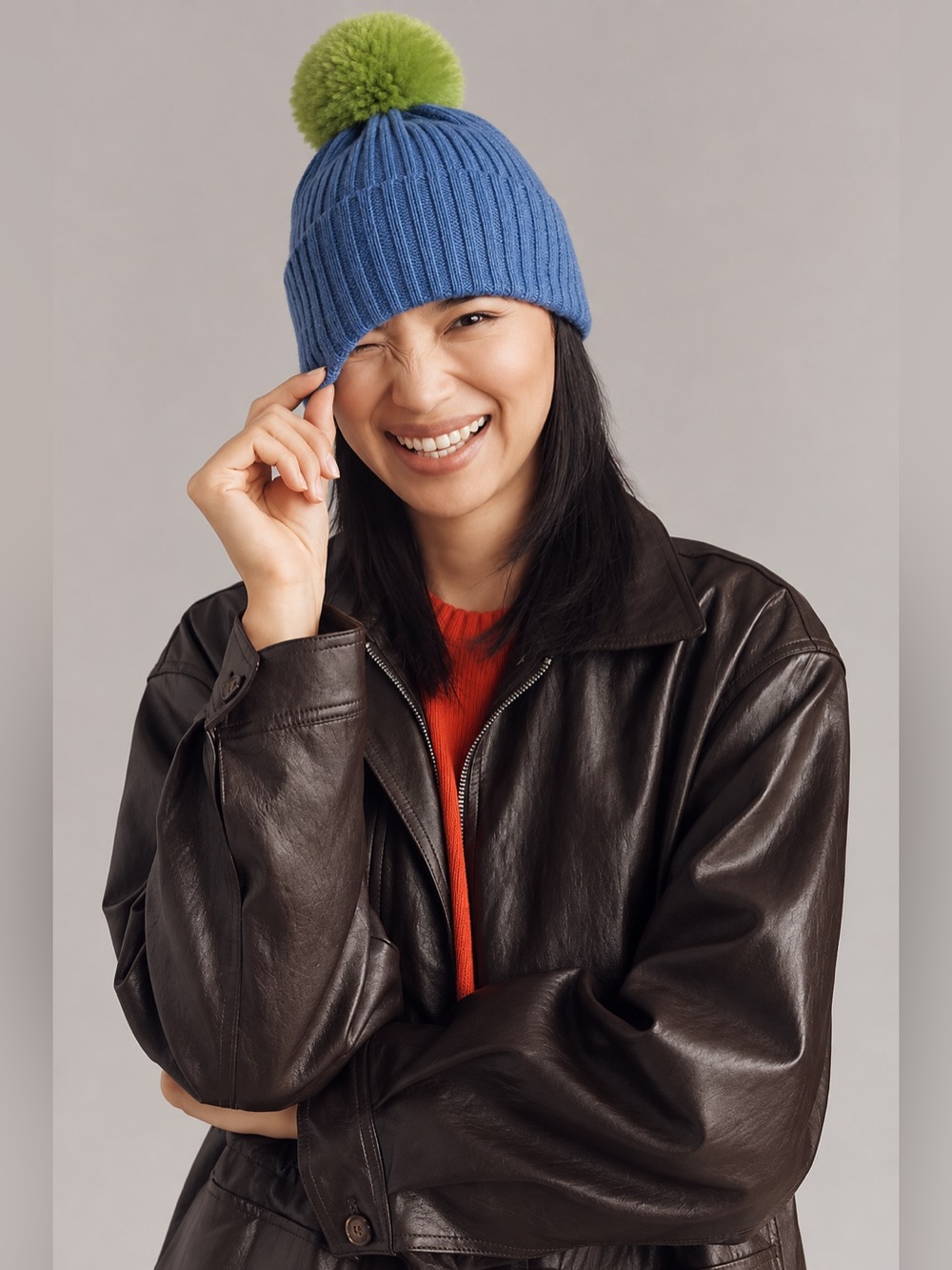 Hat Attack Knit Beanie Ribbed Winter Hat Pom Pom Blue Green Soft!